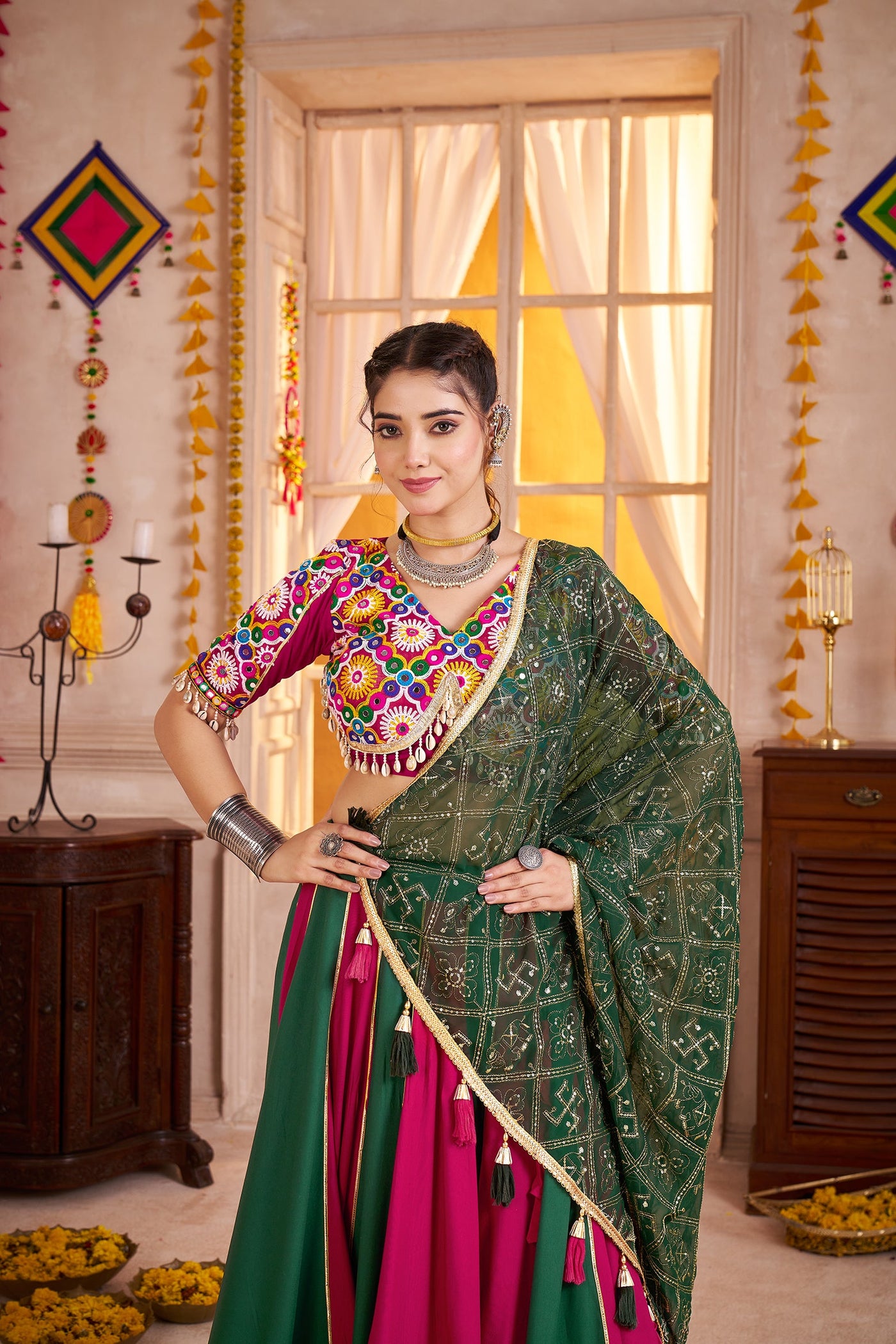 White and Teal Navratri Designer Kutchi work Ready To Wear Lehenga Choli houseofpanchhi