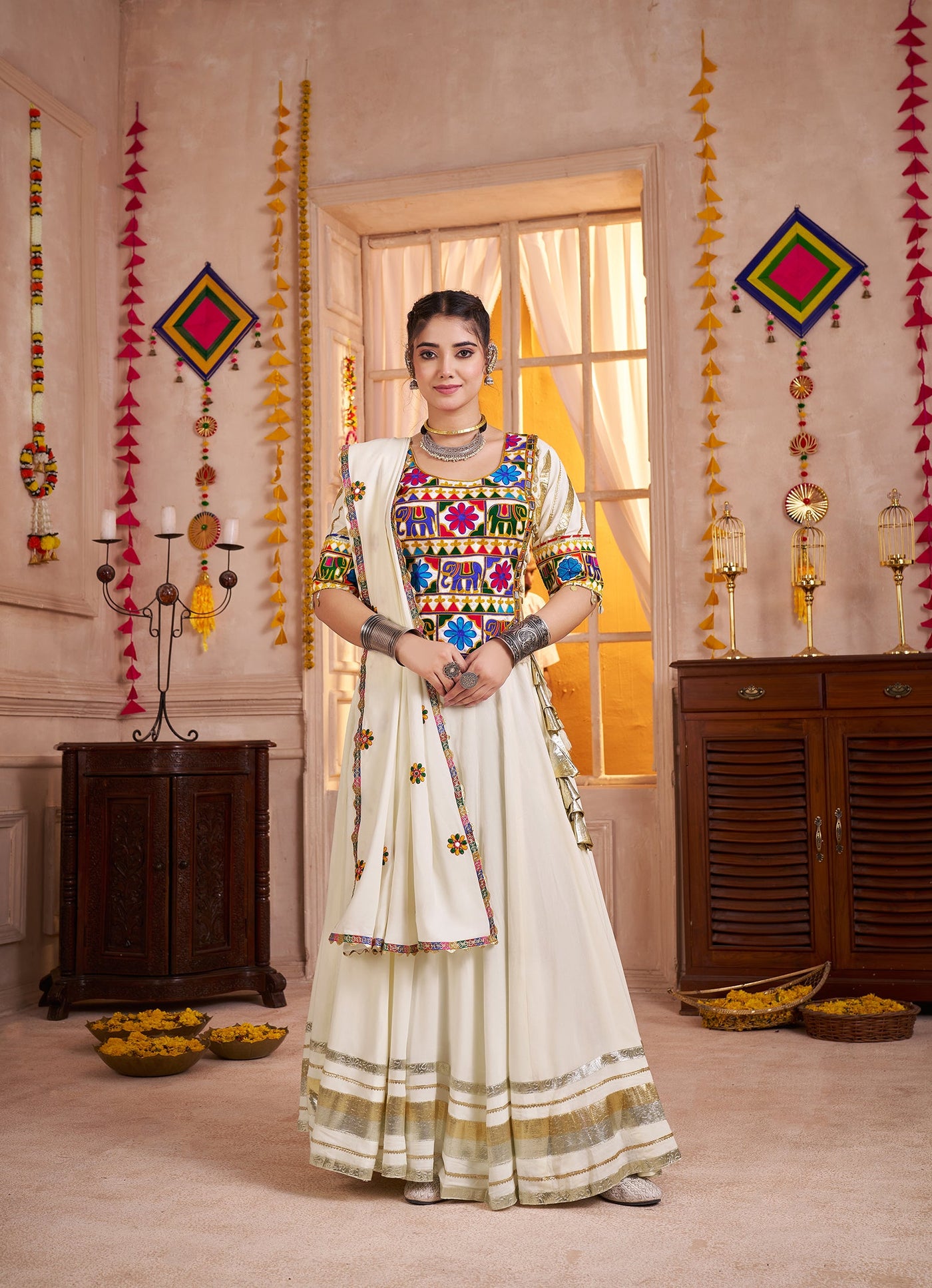 White and Teal Navratri Designer Kutchi work Ready To Wear Lehenga Choli (Copy) houseofpanchhi