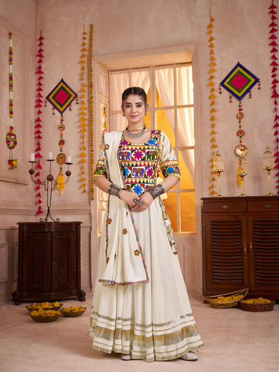 White Navratri Designer Kutchi work Ready To Wear Lehenga Choli houseofpanchhi