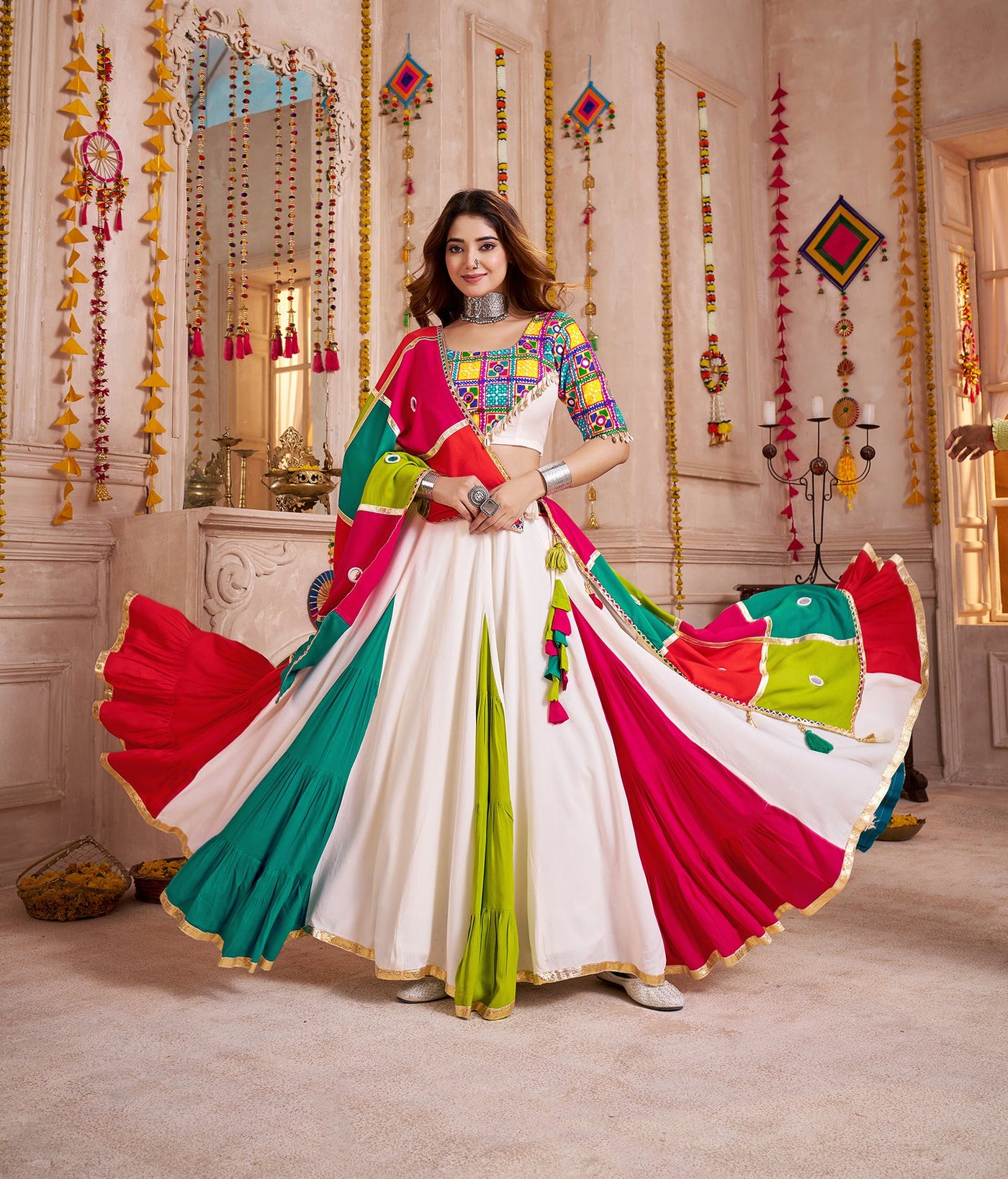 Multi Color Navratri Designer Kutchi work with mirror and kodi work Ready To Wear Lehenga Choli houseofpanchhi