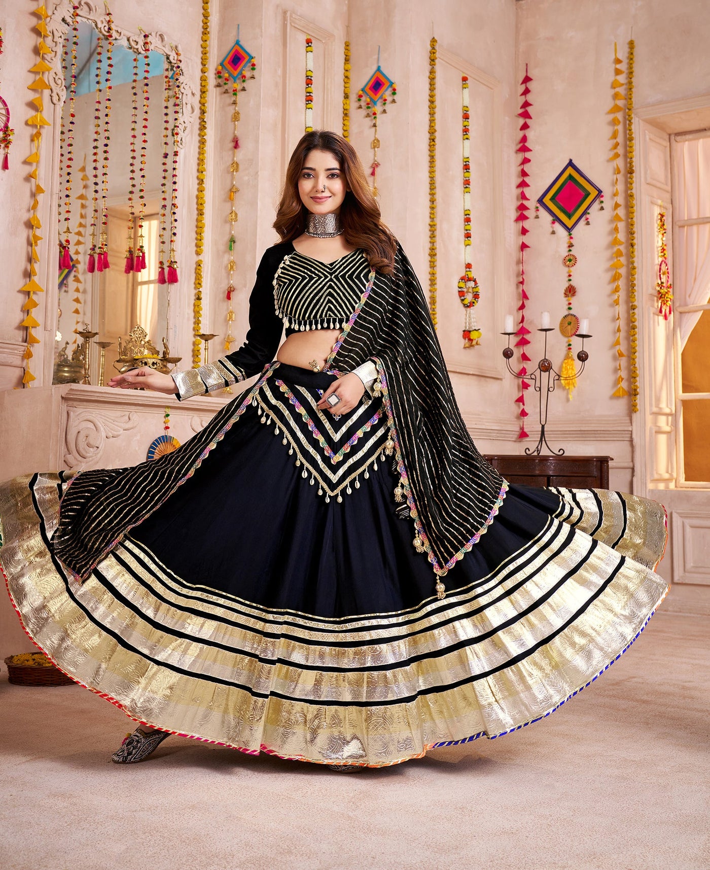 Black Navratri Designer lampi bordering with kodi work Ready To Wear Lehenga Choli houseofpanchhi