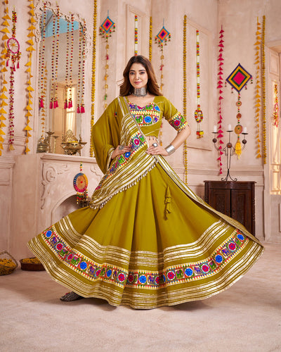 Olive Navratri Designer lampi bordering with kodi work Ready To Wear Lehenga Choli houseofpanchhi