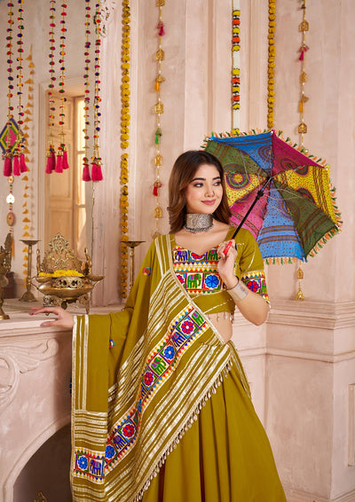 Olive Navratri Designer lampi bordering with kodi work Ready To Wear Lehenga Choli houseofpanchhi