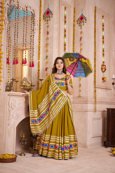 Olive Navratri Designer lampi bordering with kodi work Ready To Wear Lehenga Choli houseofpanchhi
