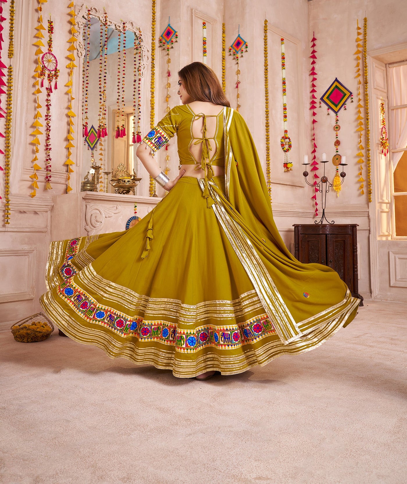 Olive Navratri Designer lampi bordering with kodi work Ready To Wear Lehenga Choli houseofpanchhi