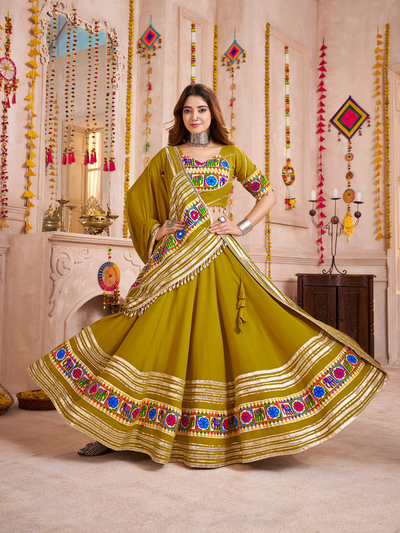 Olive Navratri Designer lampi bordering with kodi work Ready To Wear Lehenga Choli houseofpanchhi