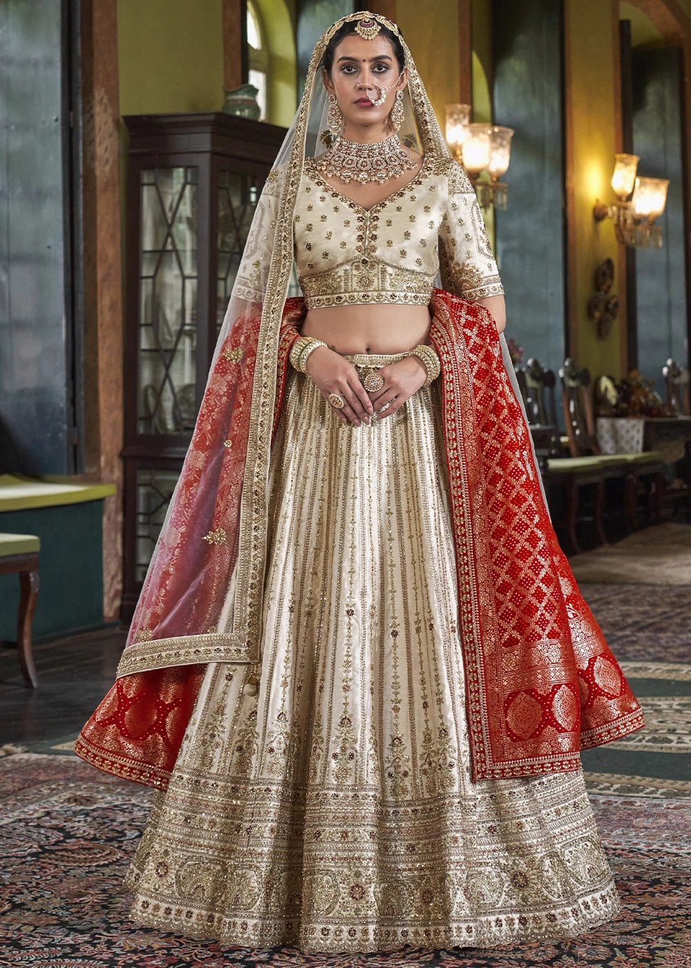 Silk With Embroidery, Sequence, Thread, Pearl & Zari Weaving Work Bridal Semi Stitched Lehenga House of Panchhi