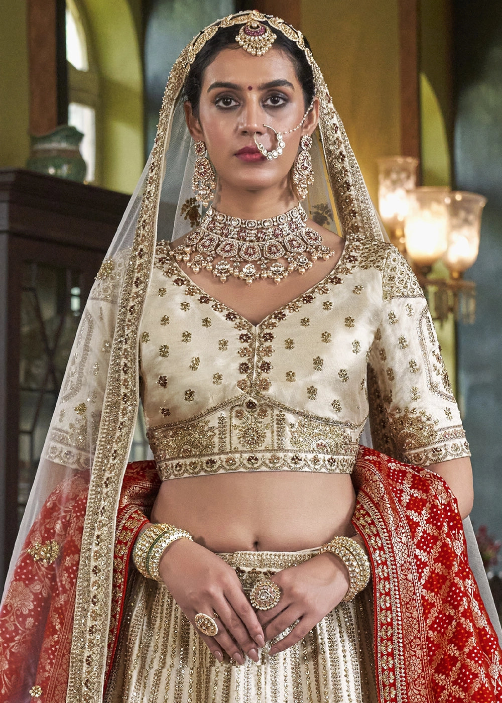 Silk With Embroidery, Sequence, Thread, Pearl & Zari Weaving Work Bridal Semi Stitched Lehenga House of Panchhi
