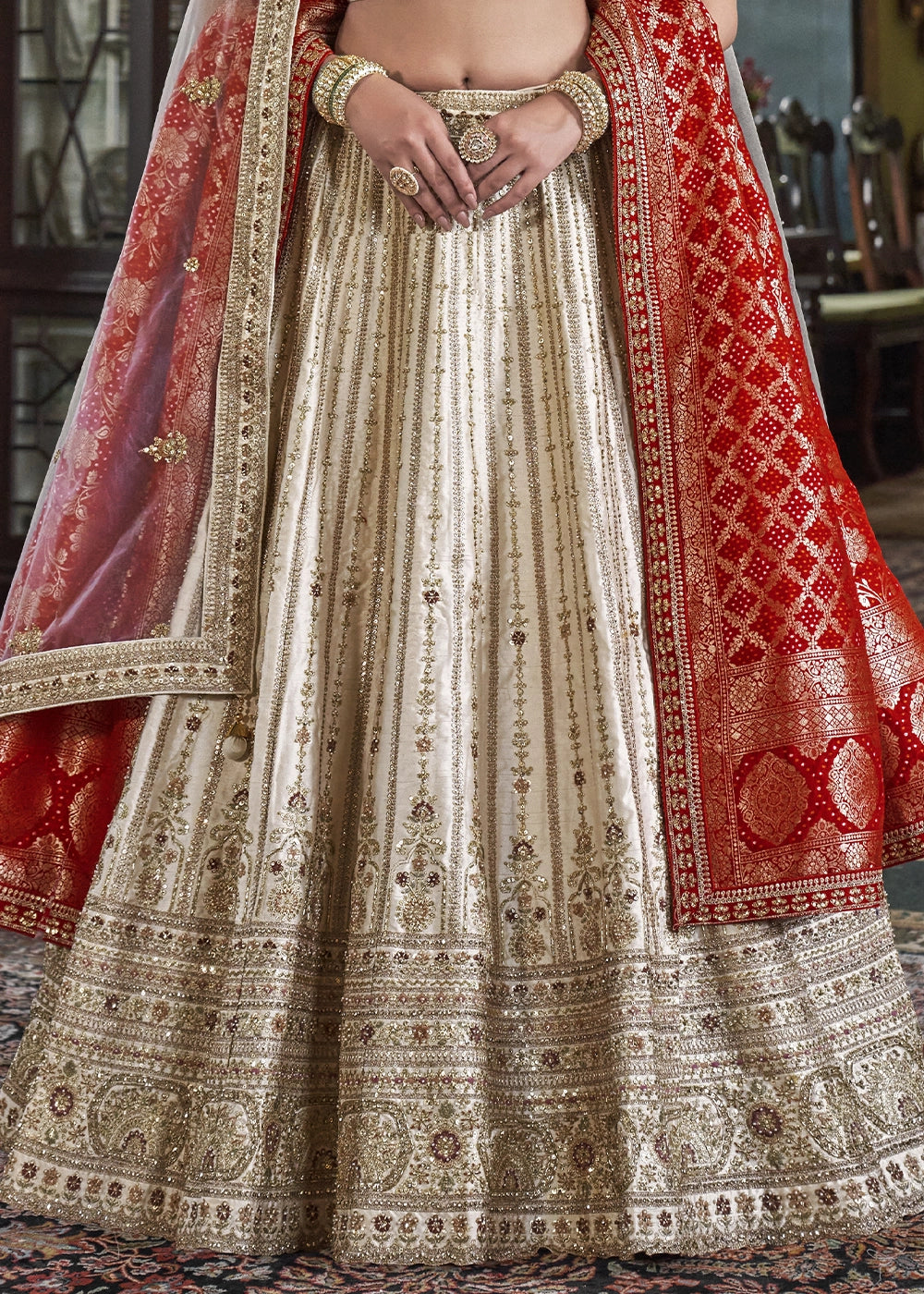 Silk With Embroidery, Sequence, Thread, Pearl & Zari Weaving Work Bridal Semi Stitched Lehenga House of Panchhi
