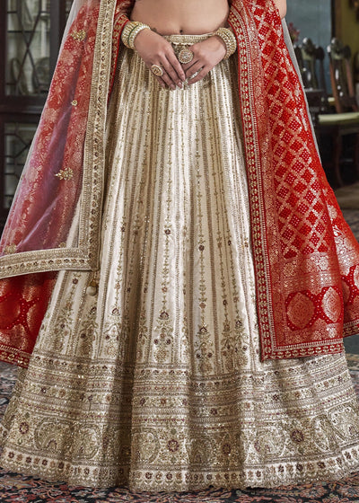 Silk With Embroidery, Sequence, Thread, Pearl & Zari Weaving Work Bridal Semi Stitched Lehenga House of Panchhi