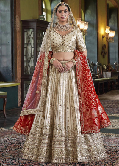 Silk With Embroidery, Sequence, Thread, Pearl & Zari Weaving Work Bridal Semi Stitched Lehenga House of Panchhi
