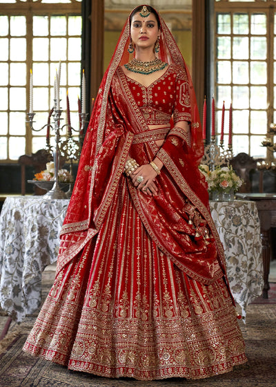 Silk With Embroidery, Sequence, Thread, Pearl & Zari Weaving Work Bridal Semi Stitched Lehenga House of Panchhi