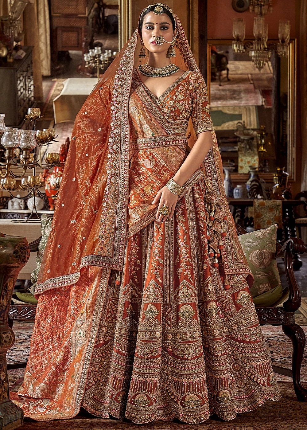 Orange - Embroidery, Sequence, Thread, Pearl & Zari Weaving Work Bridal Semi Stitched Lehenga (Copy) (Copy) House of Panchhi
