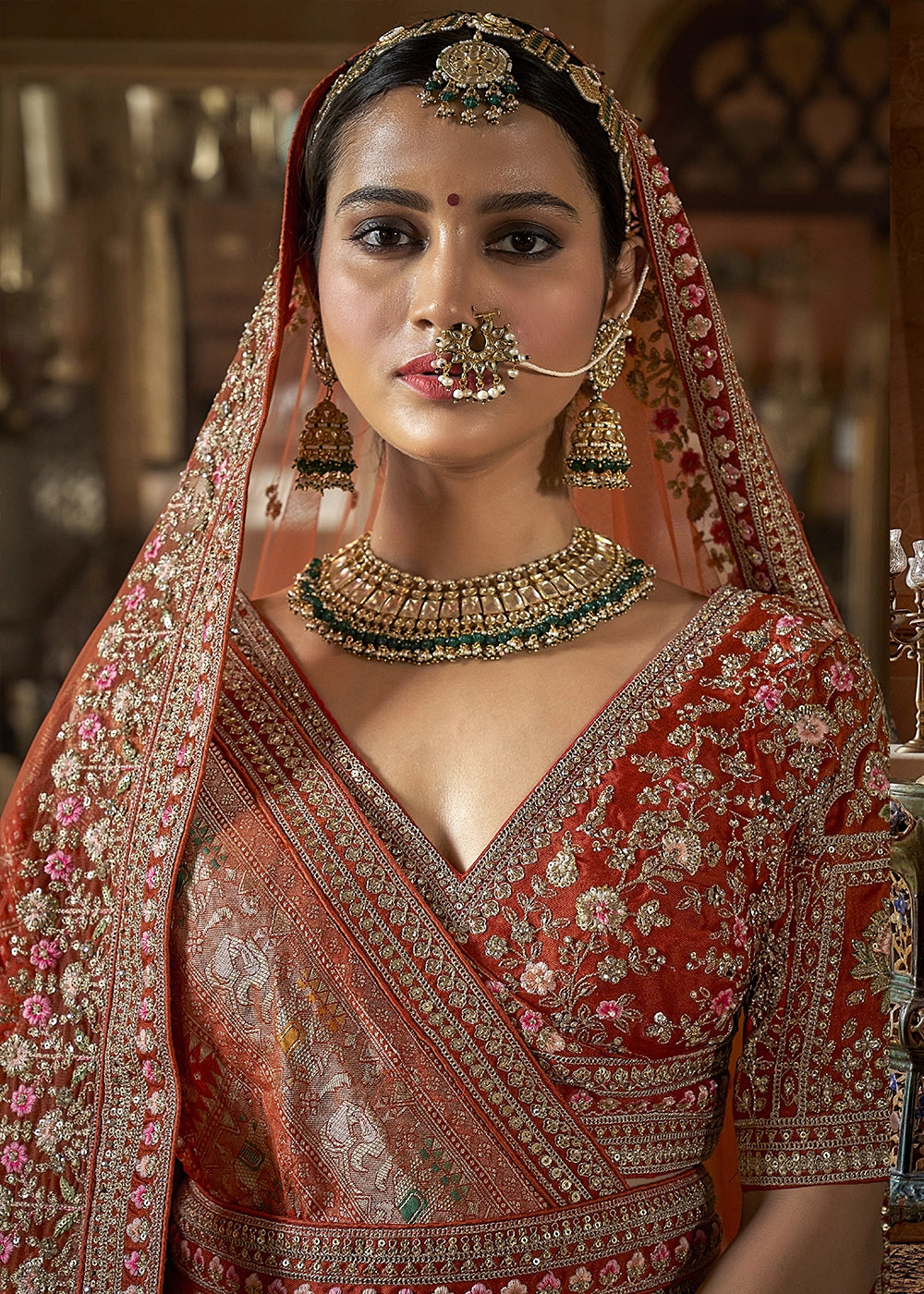 Orange - Embroidery, Sequence, Thread, Pearl & Zari Weaving Work Bridal Semi Stitched Lehenga (Copy) (Copy) House of Panchhi