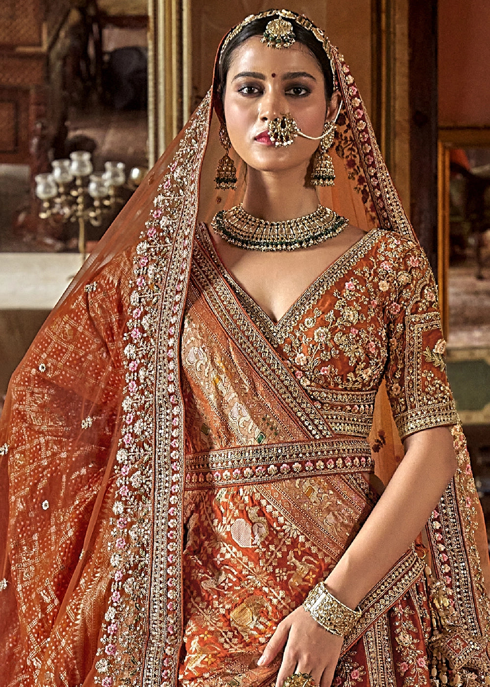 Orange - Embroidery, Sequence, Thread, Pearl & Zari Weaving Work Bridal Semi Stitched Lehenga (Copy) (Copy) House of Panchhi
