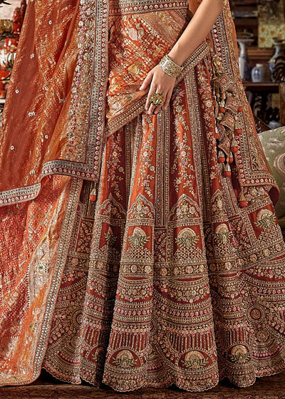 Orange - Embroidery, Sequence, Thread, Pearl & Zari Weaving Work Bridal Semi Stitched Lehenga (Copy) (Copy) House of Panchhi