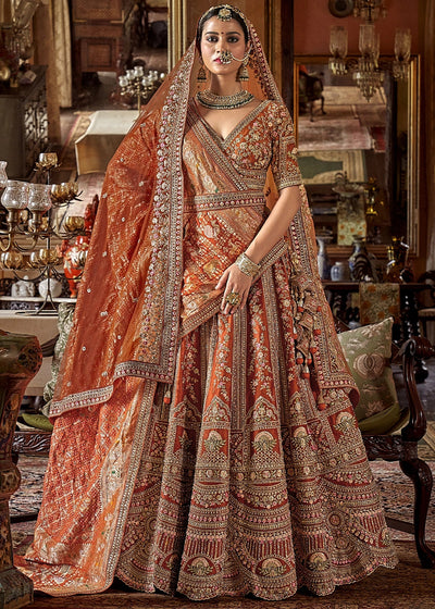 Orange - Embroidery, Sequence, Thread, Pearl & Zari Weaving Work Bridal Semi Stitched Lehenga (Copy) (Copy) House of Panchhi