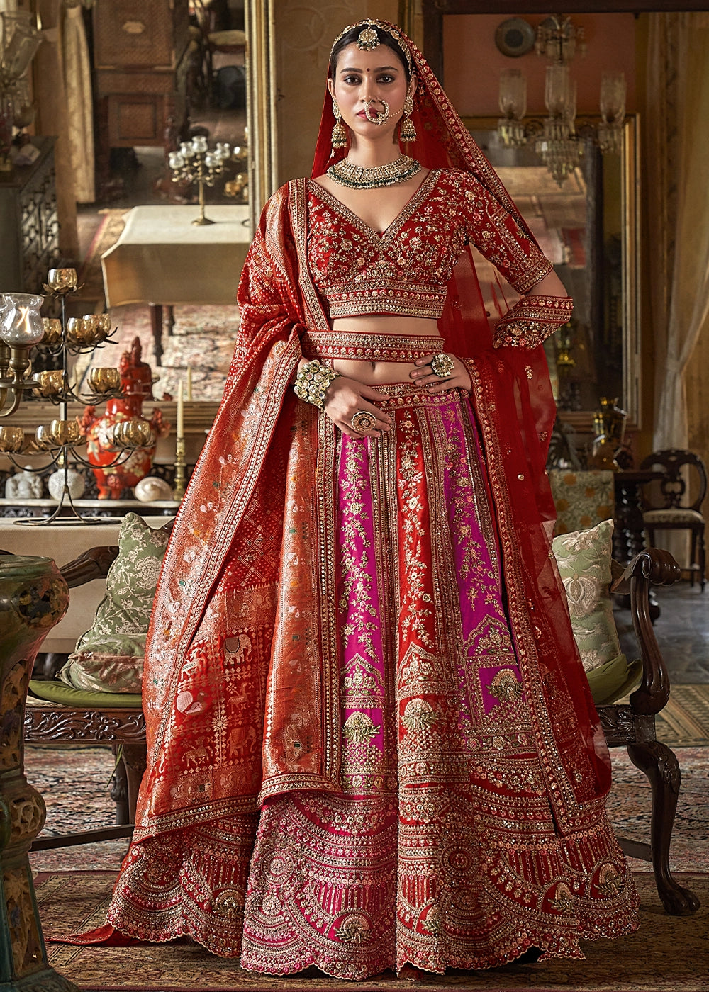 Orange - Embroidery, Sequence, Thread, Pearl & Zari Weaving Work Bridal Semi Stitched Lehenga House of Panchhi