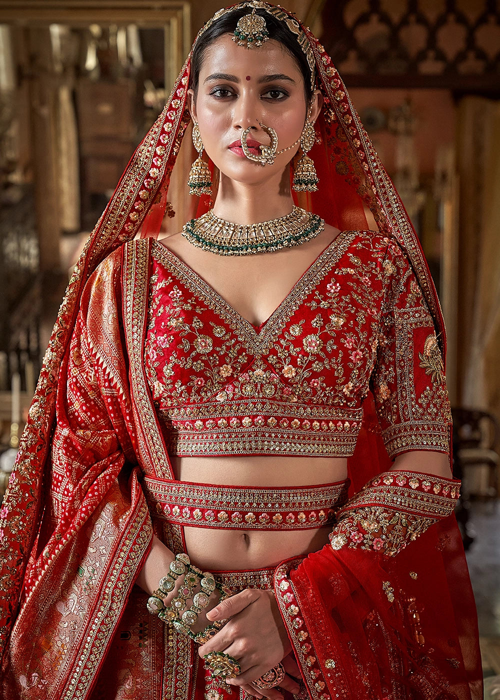 Orange - Embroidery, Sequence, Thread, Pearl & Zari Weaving Work Bridal Semi Stitched Lehenga House of Panchhi