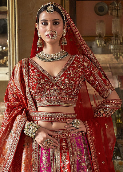 Orange - Embroidery, Sequence, Thread, Pearl & Zari Weaving Work Bridal Semi Stitched Lehenga House of Panchhi