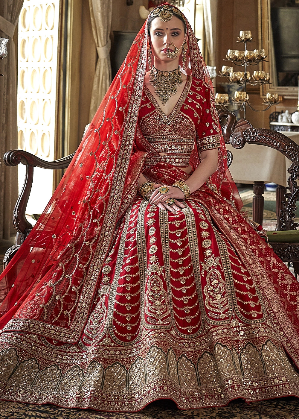 Red - Embroidery, Sequence, Thread, Pearl & Zari Weaving Work Bridal Semi Stitched Lehenga House of Panchhi
