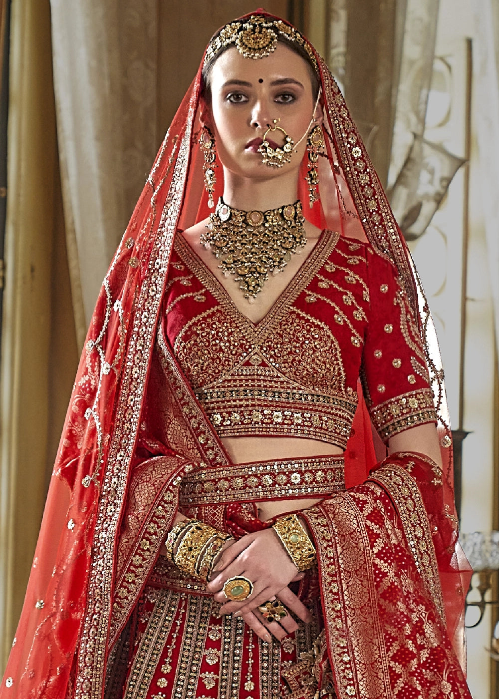 Red - Embroidery, Sequence, Thread, Pearl & Zari Weaving Work Bridal Semi Stitched Lehenga House of Panchhi