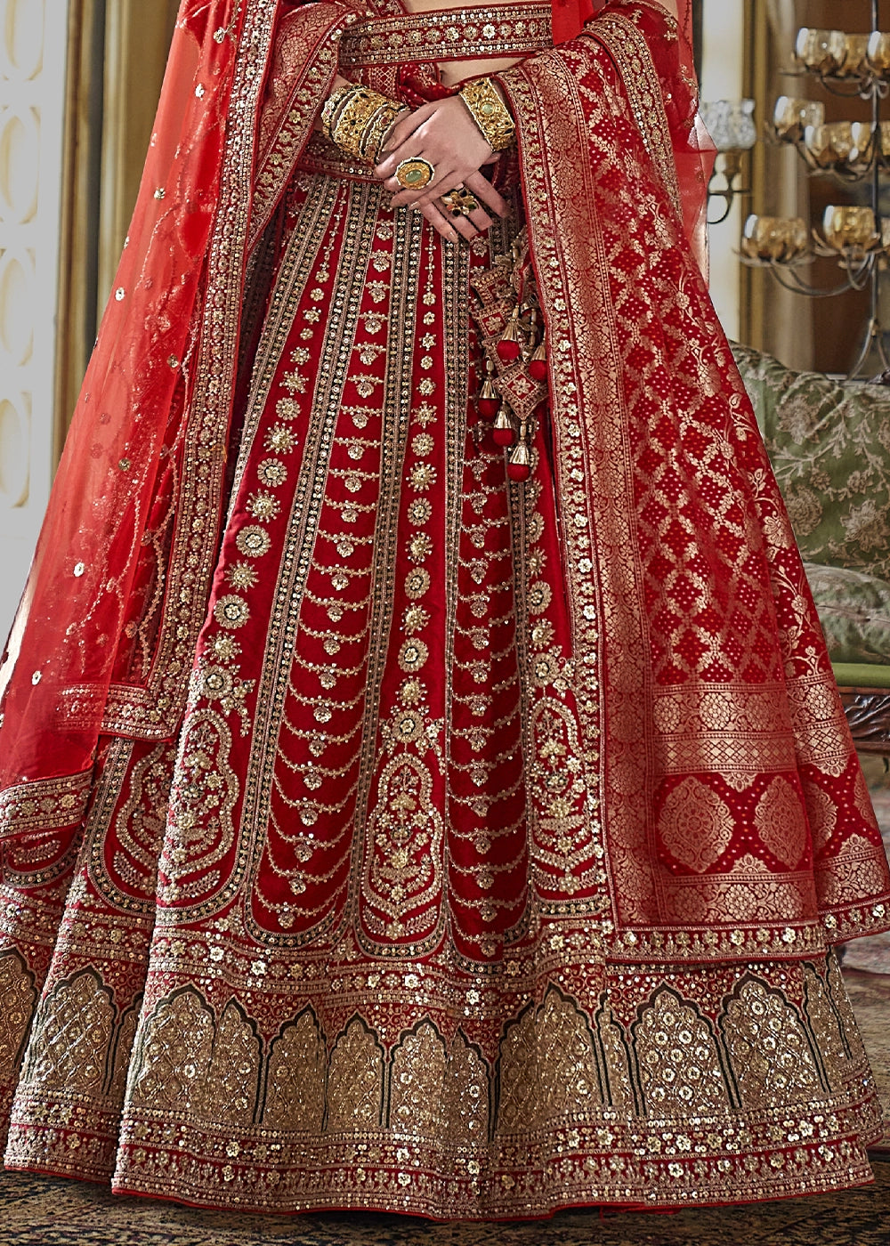 Red - Embroidery, Sequence, Thread, Pearl & Zari Weaving Work Bridal Semi Stitched Lehenga House of Panchhi