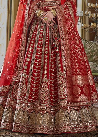 Red - Embroidery, Sequence, Thread, Pearl & Zari Weaving Work Bridal Semi Stitched Lehenga House of Panchhi