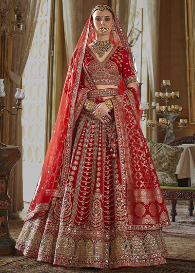 Red - Embroidery, Sequence, Thread, Pearl & Zari Weaving Work Bridal Semi Stitched Lehenga House of Panchhi