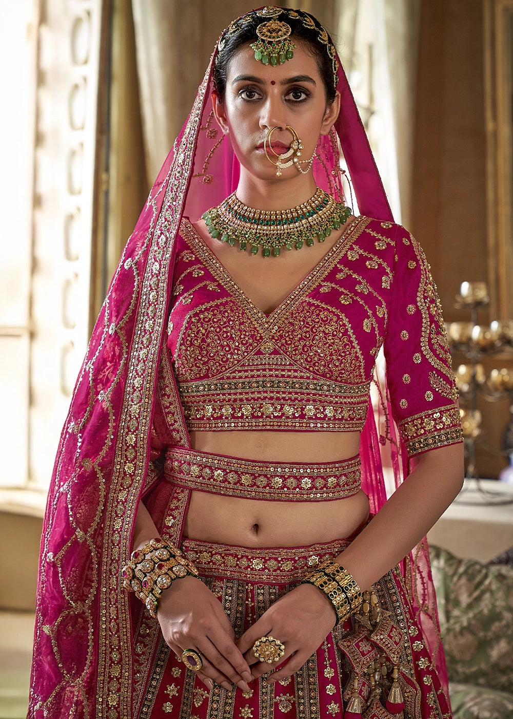 Pink - Embroidery, Sequence, Thread, Pearl & Zari Weaving Work Bridal Semi Stitched Lehenga (Copy) House of Panchhi