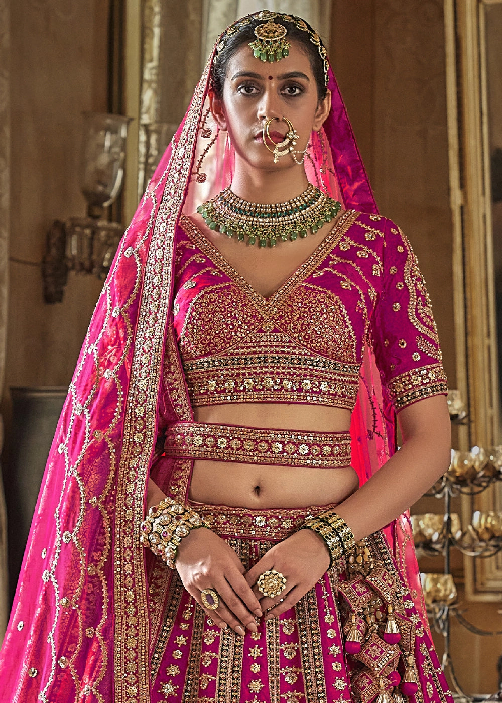 Pink - Embroidery, Sequence, Thread, Pearl & Zari Weaving Work Bridal Semi Stitched Lehenga (Copy) House of Panchhi