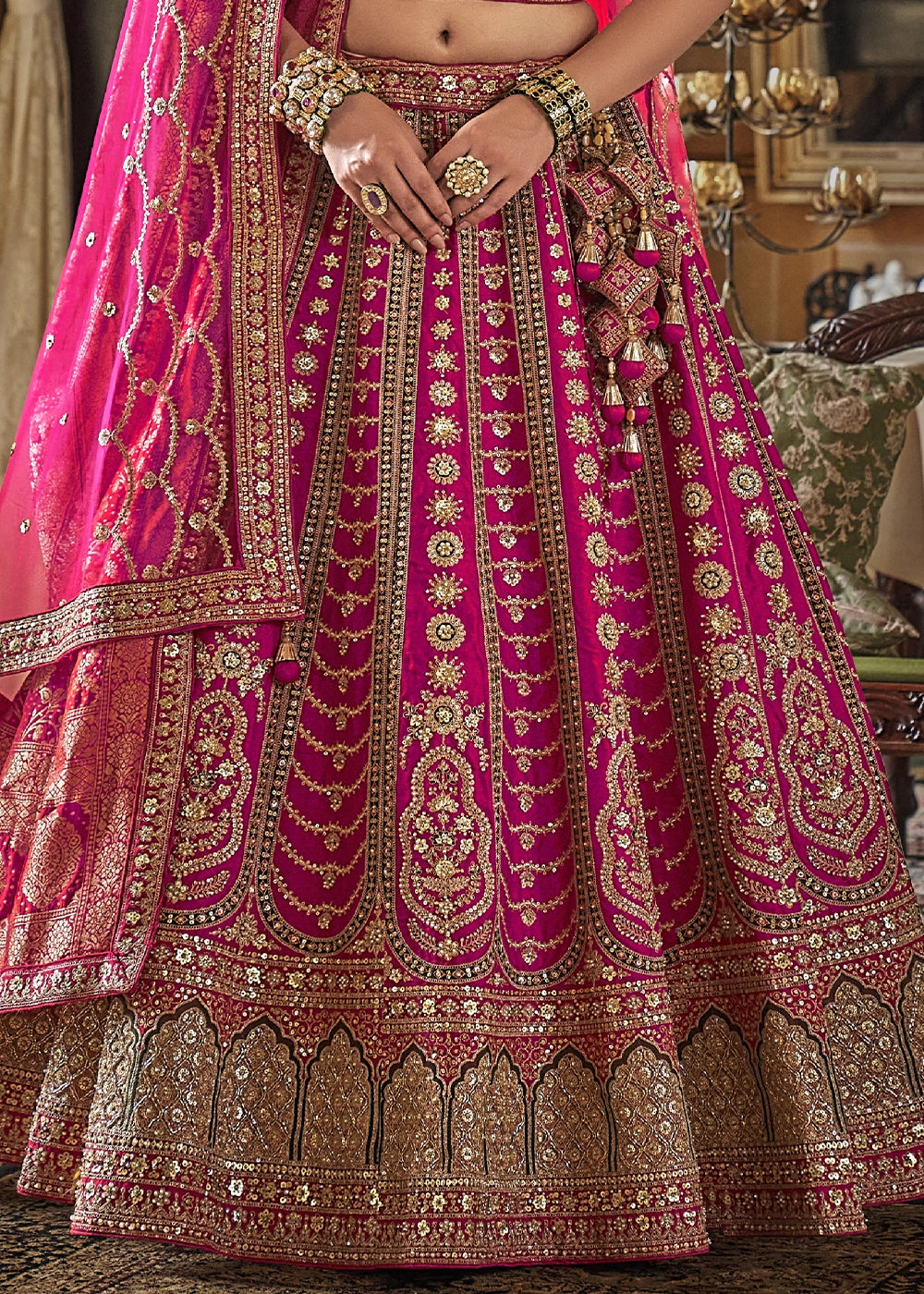 Pink - Embroidery, Sequence, Thread, Pearl & Zari Weaving Work Bridal Semi Stitched Lehenga (Copy) House of Panchhi