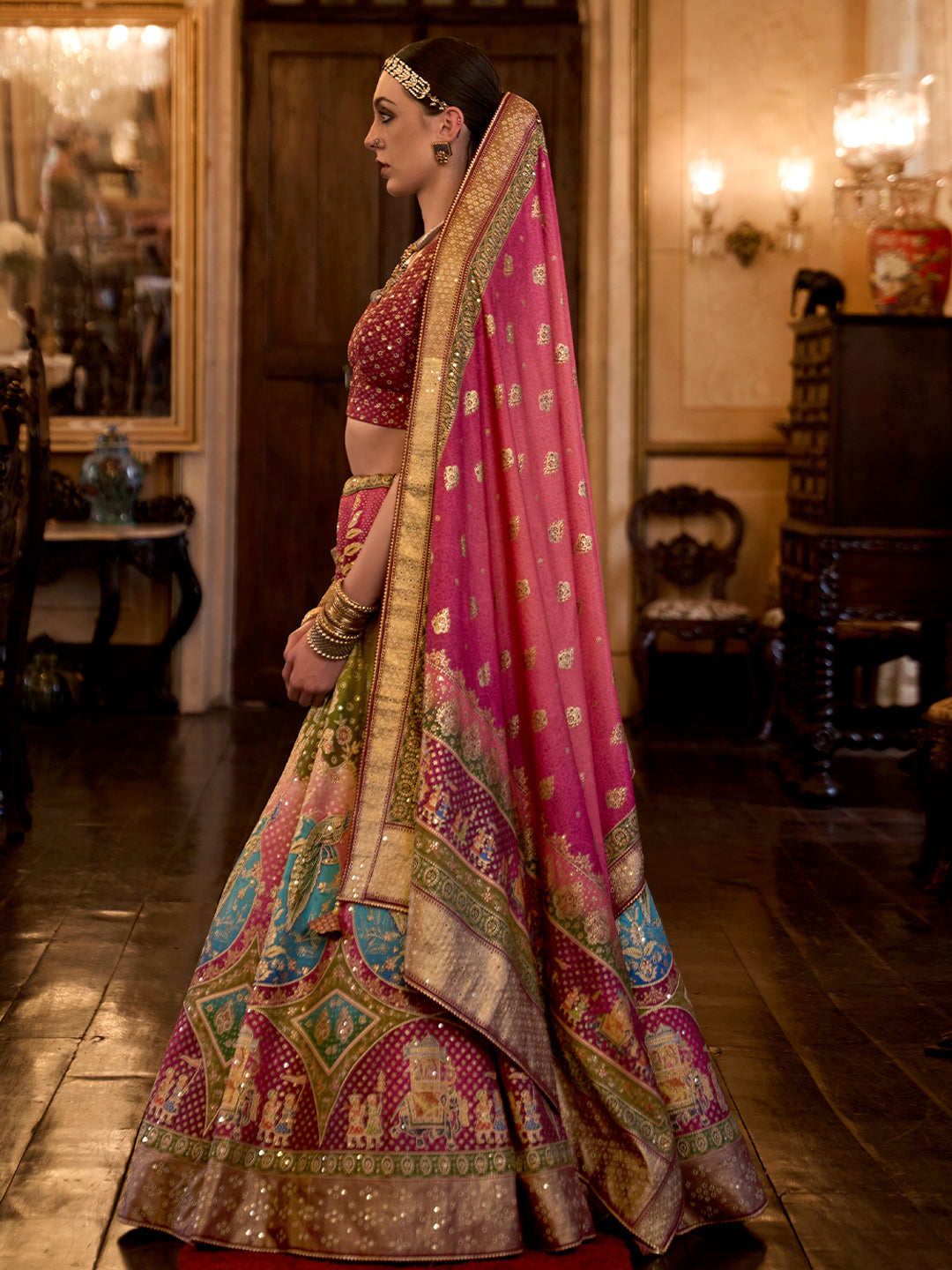 Pink Shade Multi-Color Designer Silk Ready to Wear Lehenga Choli With Sparkle & Aari Mirror Work