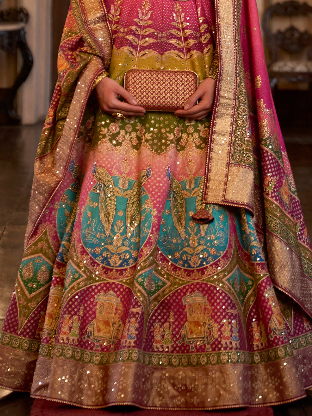 Pink Shade Multi-Color Designer Silk Ready to Wear Lehenga Choli With Sparkle & Aari Mirror Work