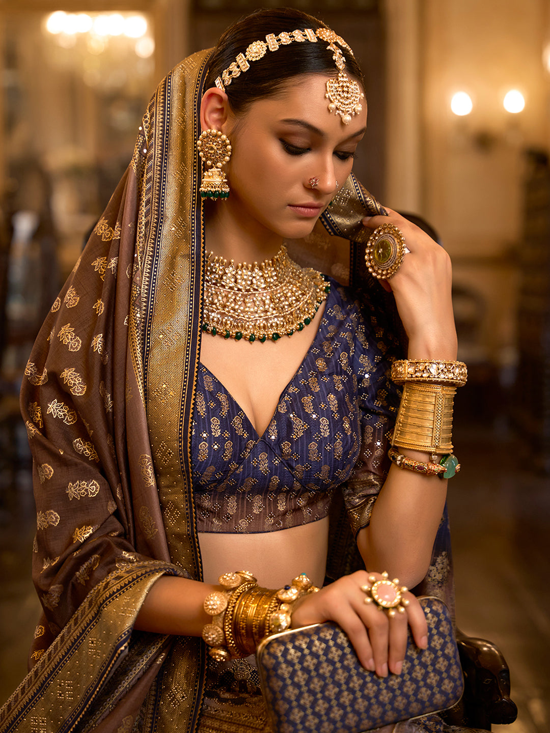 Blue-Golden Designer Silk Ready to Wear Lehenga Choli With Sparkle & Aari Mirror Work