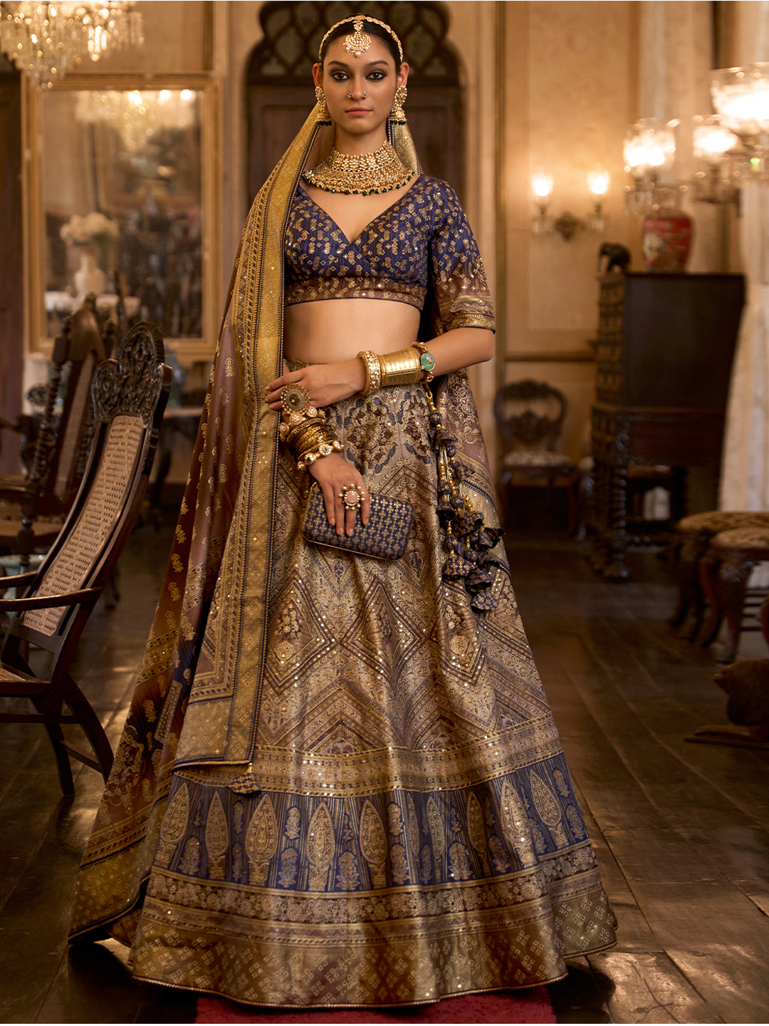 Blue-Golden Designer Silk Ready to Wear Lehenga Choli With Sparkle & Aari Mirror Work