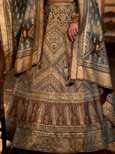 Grey-Brown Designer Silk Ready to Wear Lehenga Choli With Sparkle & Aari Mirror Work