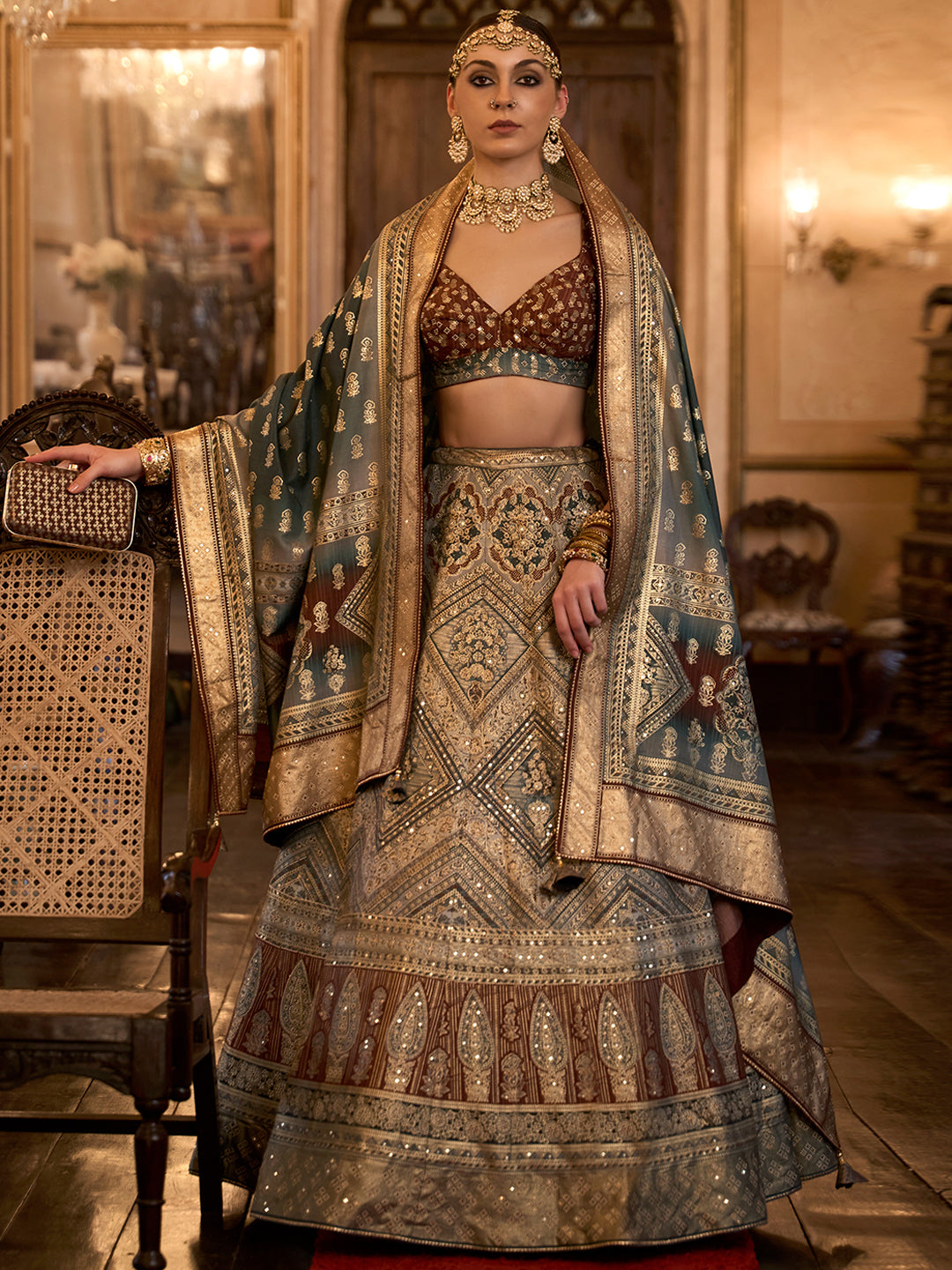 Grey-Brown Designer Silk Ready to Wear Lehenga Choli With Sparkle & Aari Mirror Work