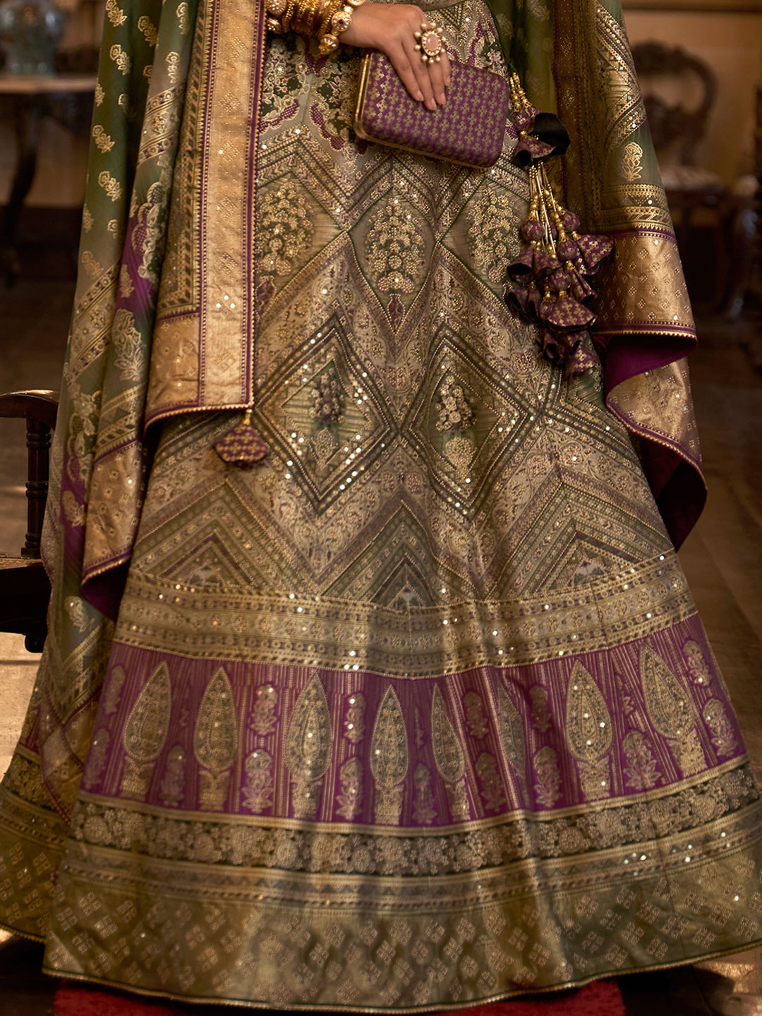 Green-Purple Designer Silk Ready to Wear Lehenga Choli With Sparkle & Aari Mirror Work