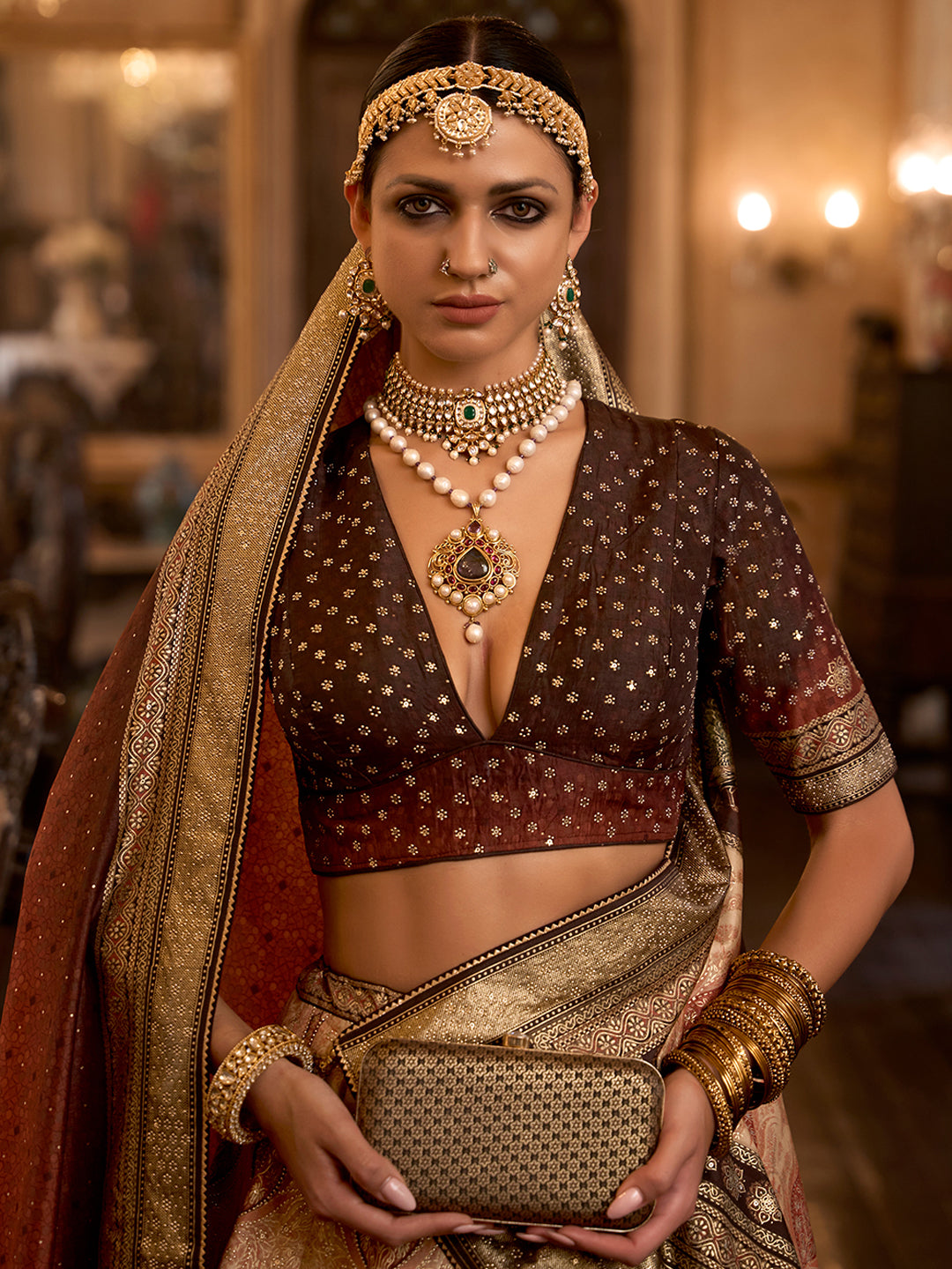 Brown-Golden Designer Silk Ready to Wear Lehenga Choli With Sparkle & Aari Mirror Work