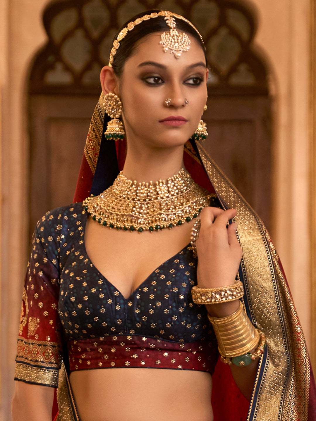 Red-Blue Designer Silk Ready to Wear Lehenga Choli With Sparkle & Aari Mirror Work