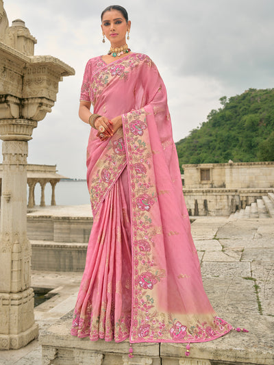 Pink Color Banarasi Silk Sequin Embroidered with Heavy Patchwork Border Saree