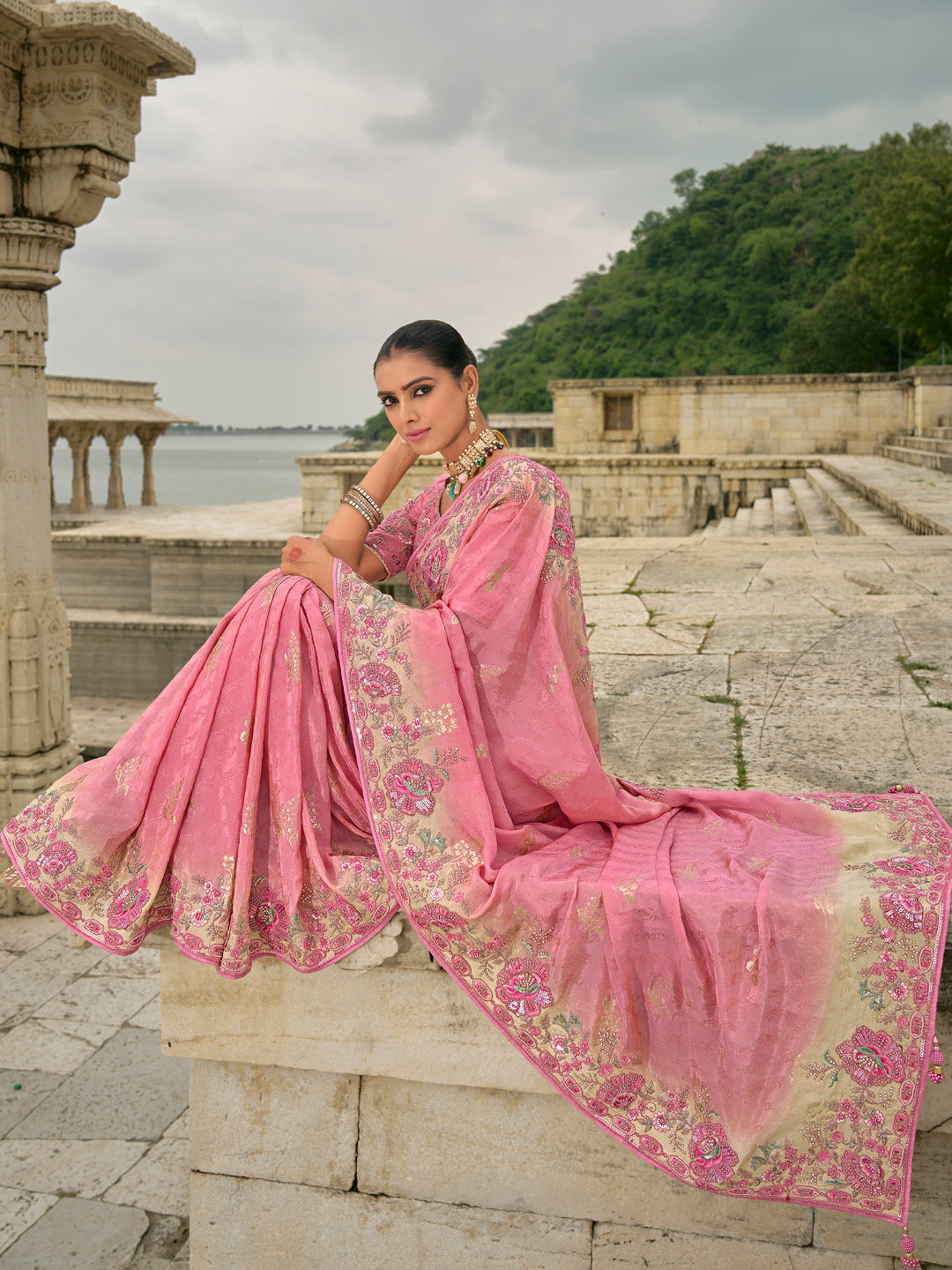 Pink Color Banarasi Silk Sequin Embroidered with Heavy Patchwork Border Saree