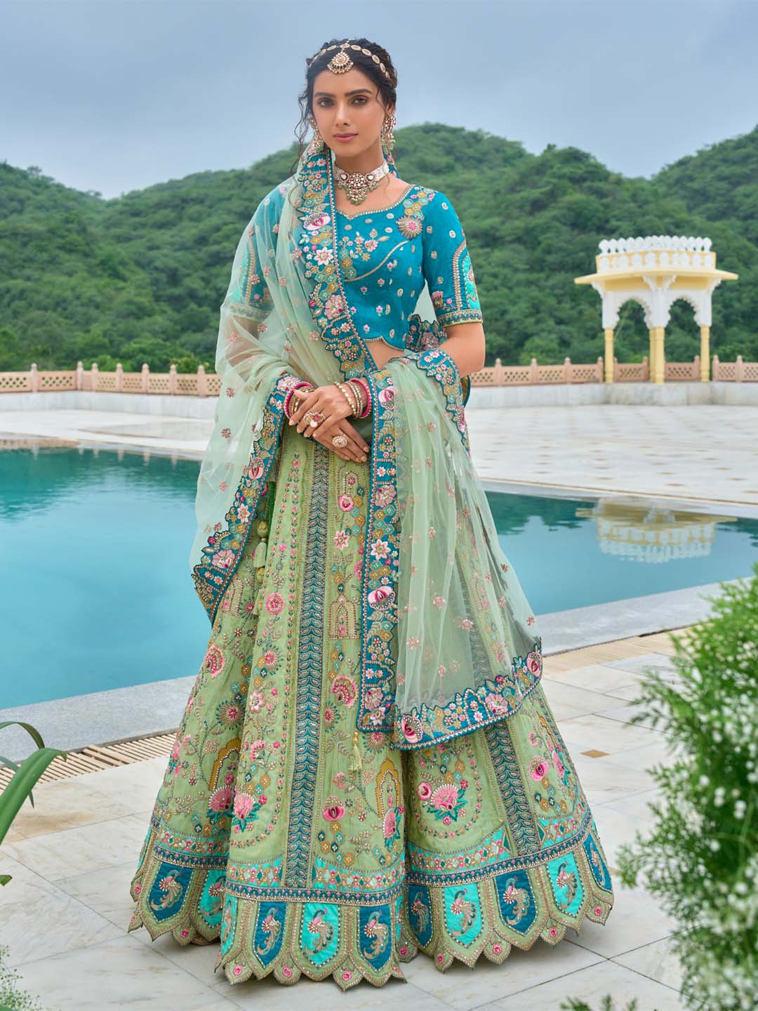 Pista-Teal Shaded Heavy Designer Embroidered Patchwork Silk Semi Stitched Lehenga Choli