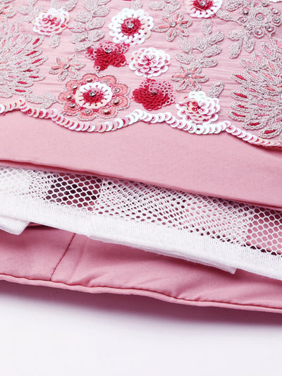 Peach Color,Red-White Sequins,Thread,Zarkan Embroidered Georgette Semi-Stitched Lehenga choli