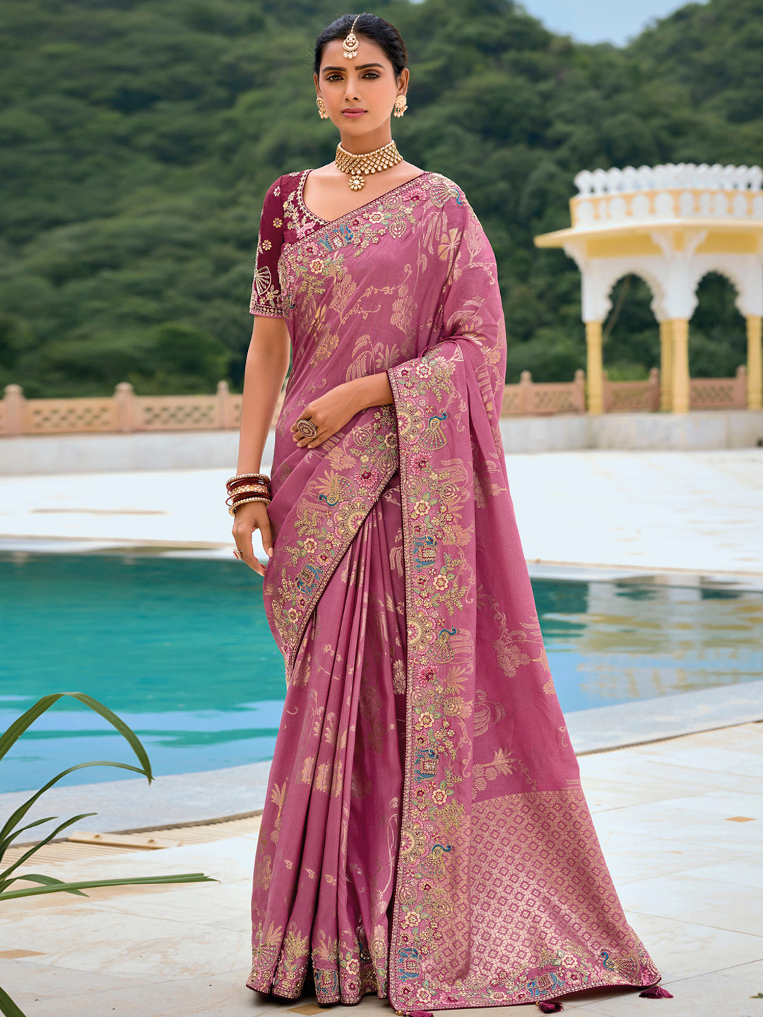 Rosegold Color Pure Dola Silk Patch Work Border Embroiderey Saree with Contrast Blouse