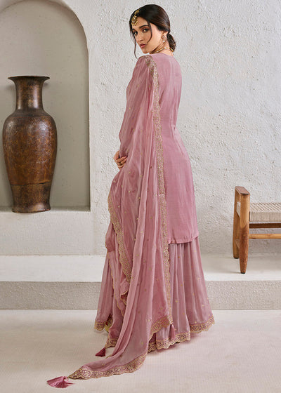 Sweet Lilac Chinon Fabric Jacquard Weave Jaal work Ready to wear Sharara & Kurta Set