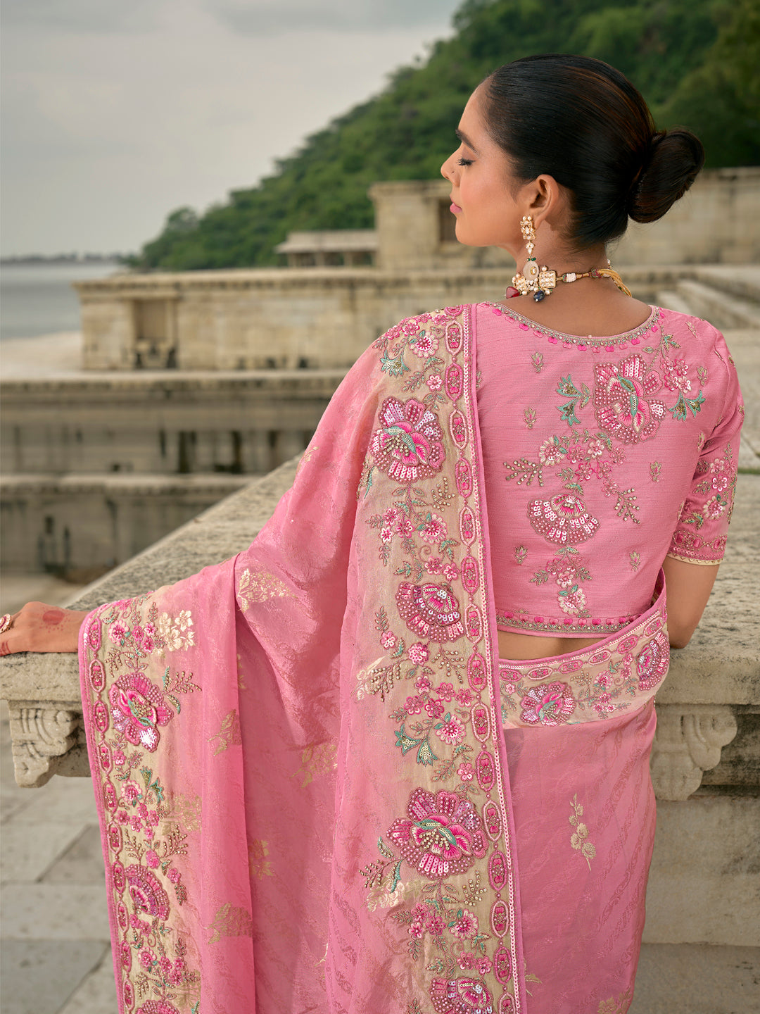 Pink Color Banarasi Silk Sequin Embroidered with Heavy Patchwork Border Saree