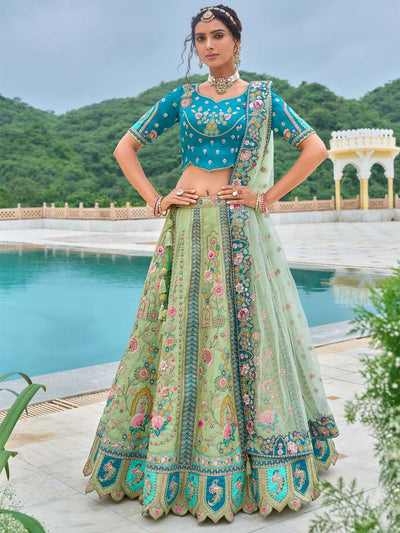 Pista-Teal Shaded Heavy Designer Embroidered Patchwork Silk Semi Stitched Lehenga Choli