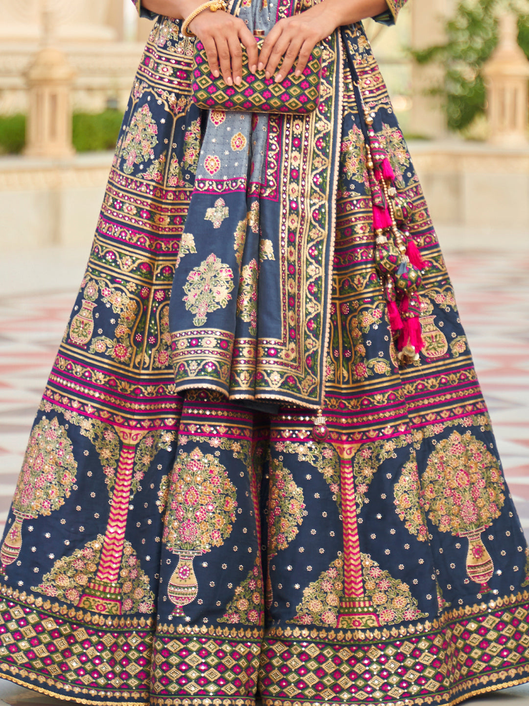 Blue-Pink Designer Silk Ready to Wear Lehenga Choli With Sparkle & Mirror Work